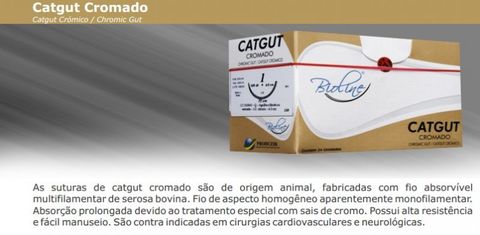 Fio de Sutura Catgut Cromado 1 AG 3/8 CIL 4,0 75CM c/24 Bioline - Todos os Tamanhos 